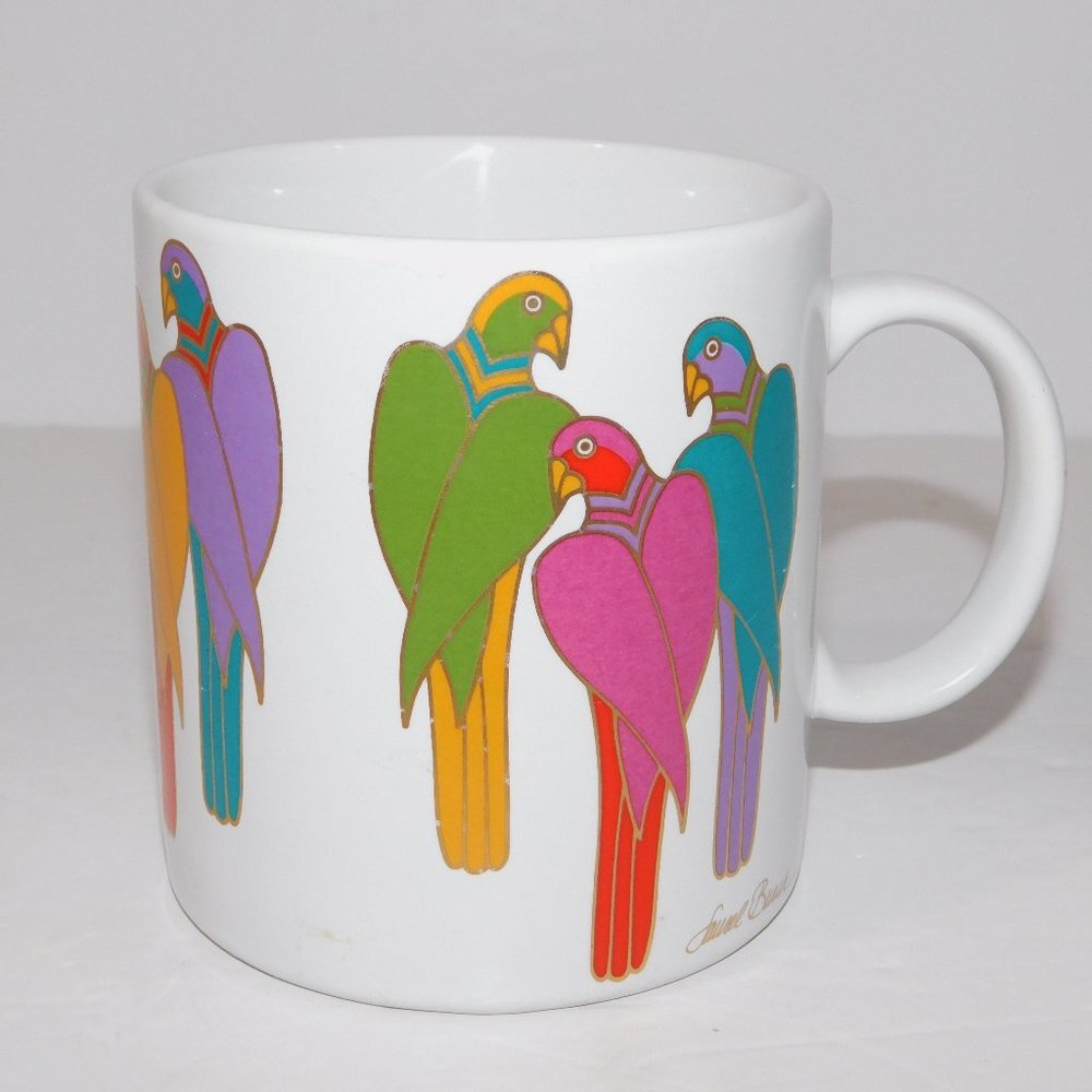 Vintage 80s Laurel Burch BRAZILAN BIRDS Parrot Multicolour Coffee Mug colorful